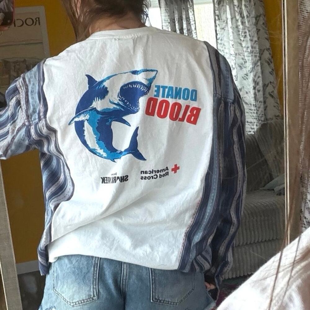 Shark week upcycled custom flannel shirt / tshirt combination graphic tee